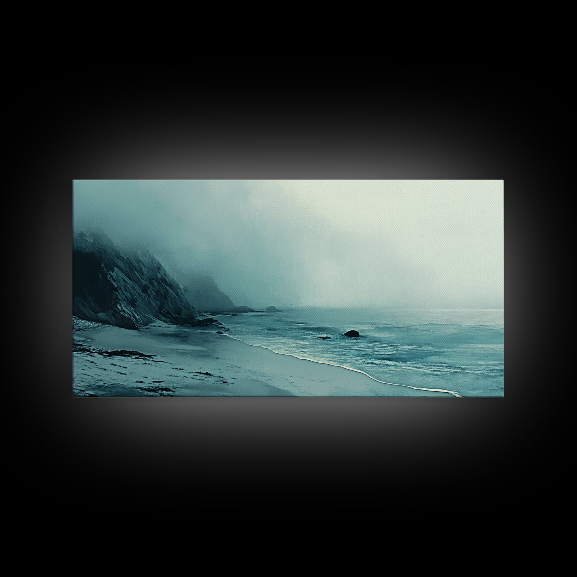 Foggy Beach, coastal decor, nautical painting, moody art, extra wide art, horizontal wall art, Canvas Print, bedroom art
