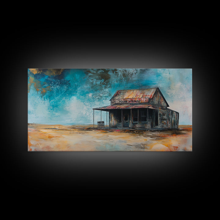 Abandoned Cabin Art, Rustic Wall Art, Moody Art, Western Landscape Painting, Framed Canvas Print, Extra Wide Art, Living Room Art