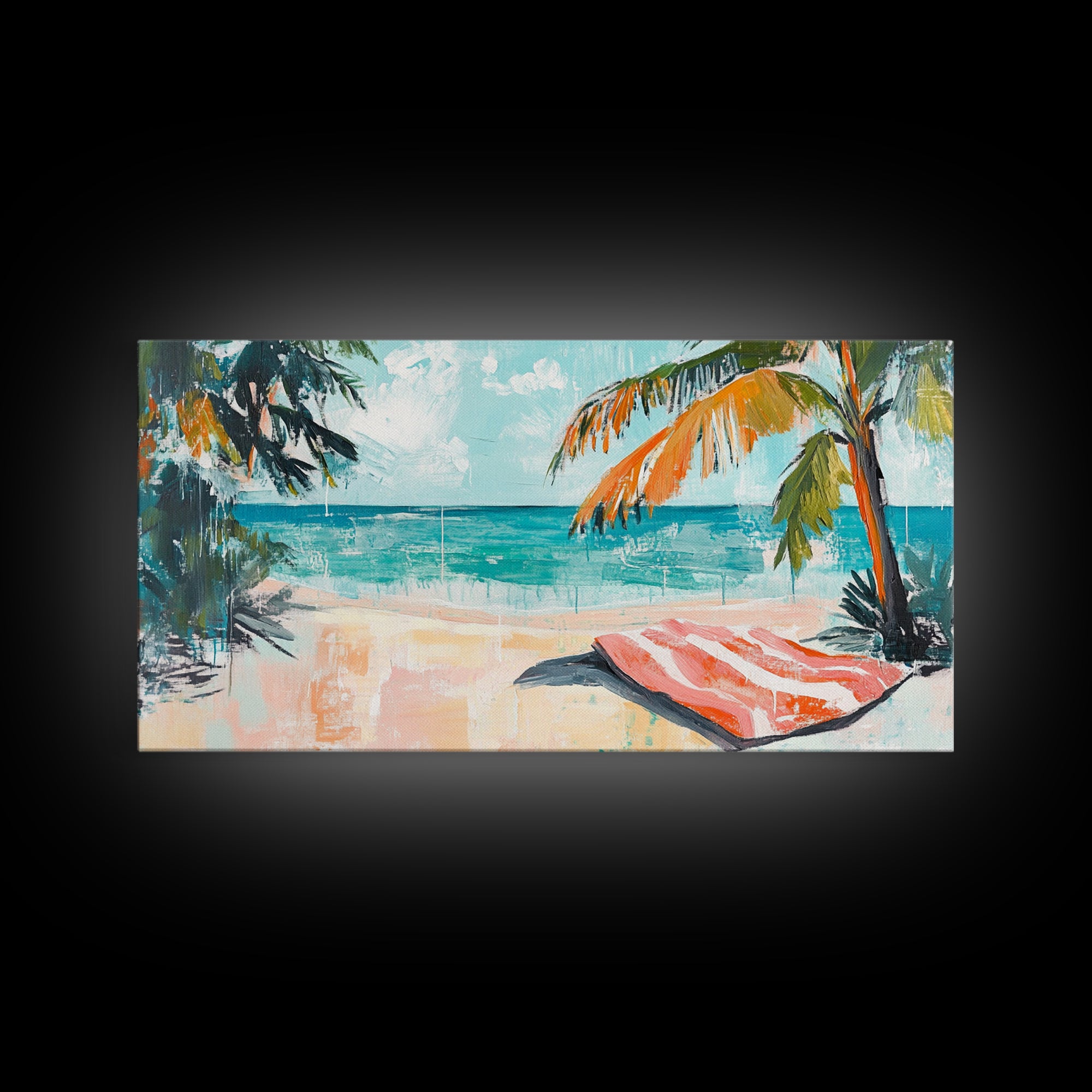 Palm Tree, Coastal Landscape Art, Tropical Beach Art, Nautical Decor, Ocean Painting, Framed Canvas Print, Extra Wide Art, Boho Art