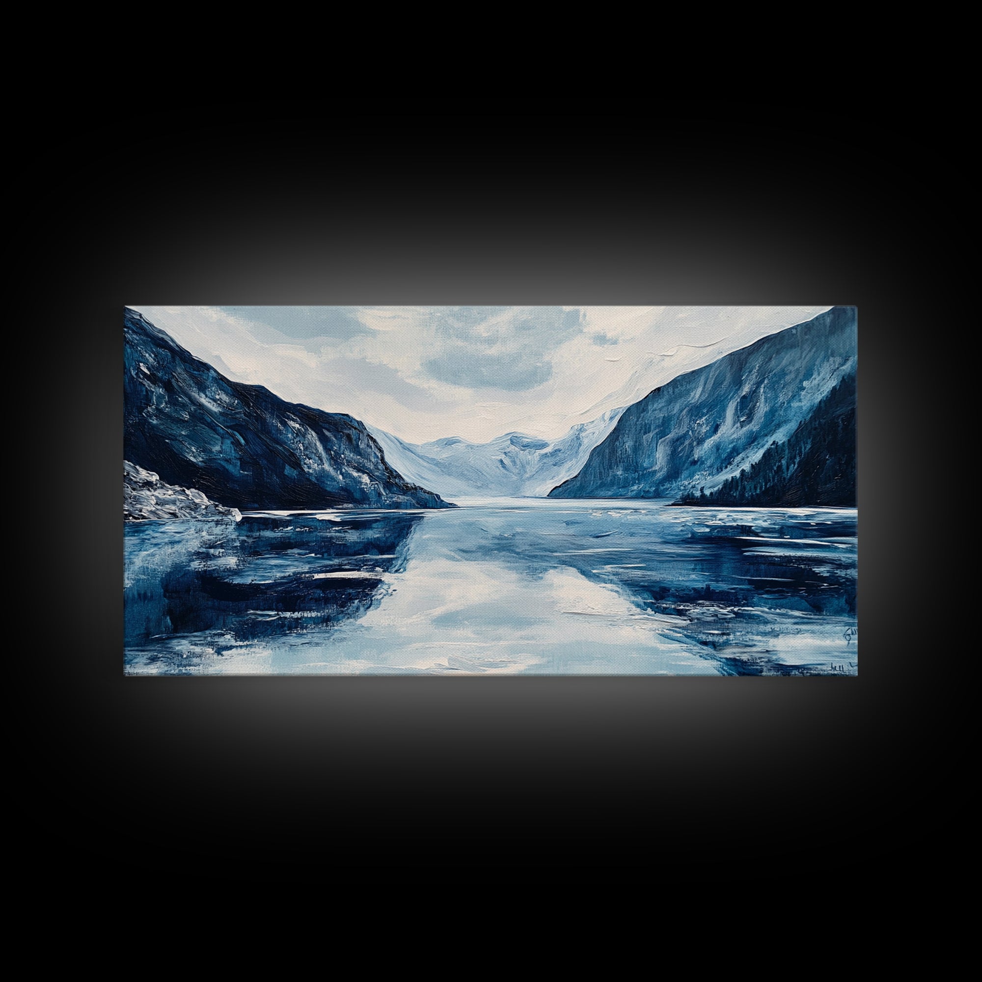 Blue and White Fjord, Lake Tahoe Art, Coastal Landscape Art, Extra Wide Art, Framed Canvas Print, Minimalist Art, Nautical Decor