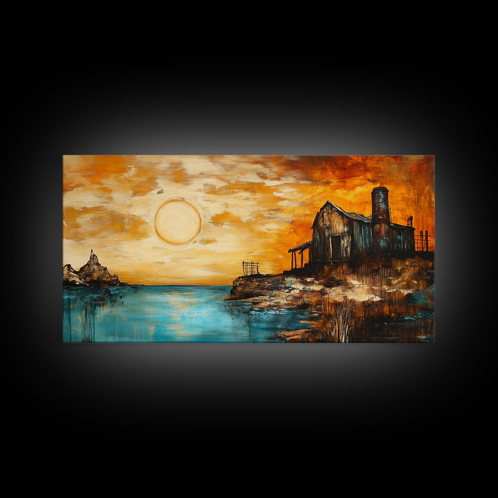 Rustic Barn, sunset painting, farmhouse art, rustic wall art, panoramic painting, framed canvas print, southwest wall art