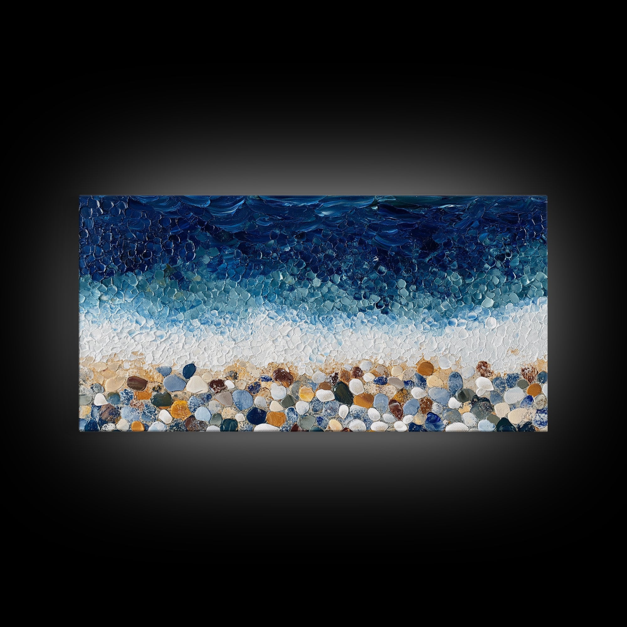 Pebble Beach, mosaic wall art, coastal decor, ocean painting, nautical decor, panoramic painting, framed canvas print