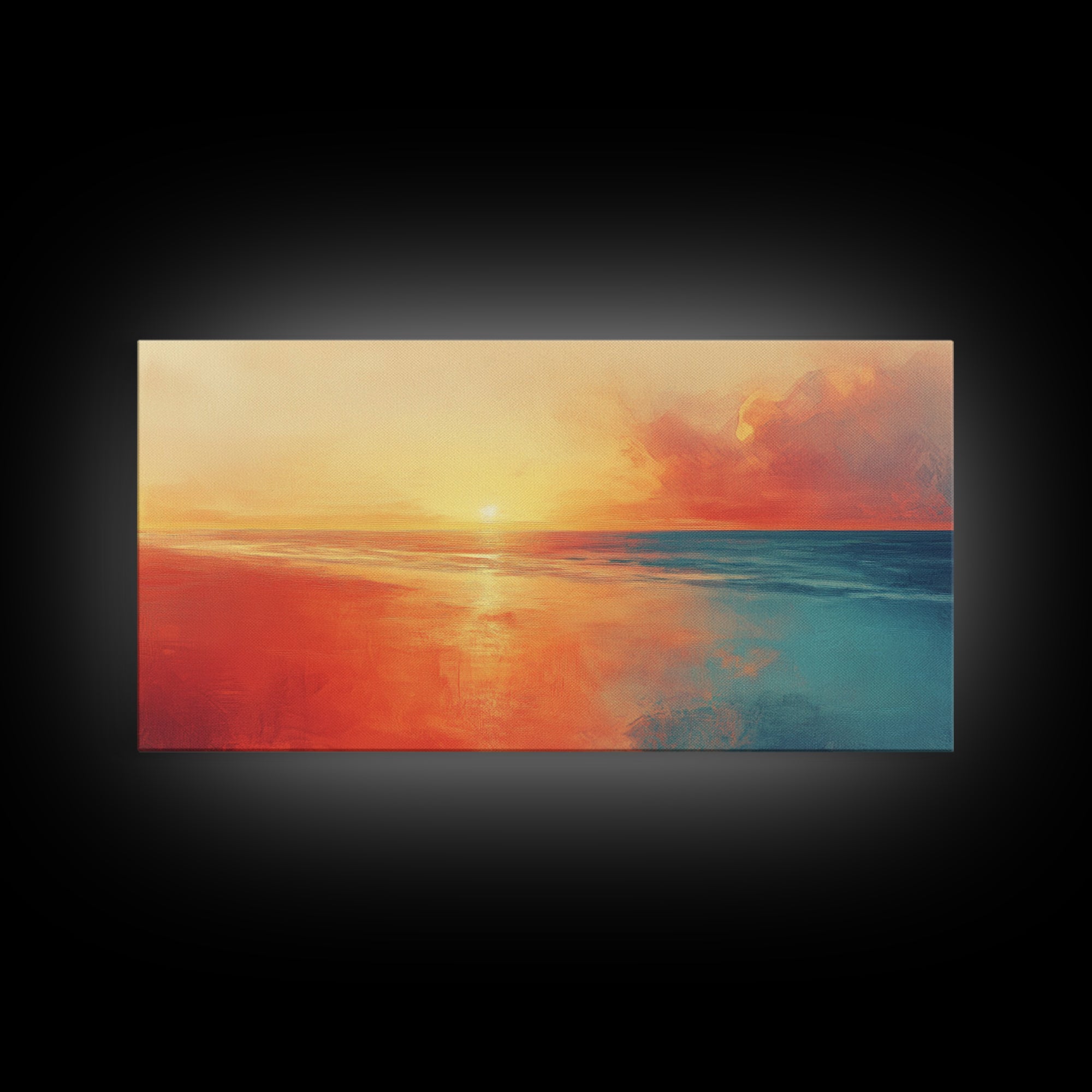 Sunset Ocean, pink orange wall art, coastal landscape art, moody art, extra wide art, panoramic painting, framed canvas print