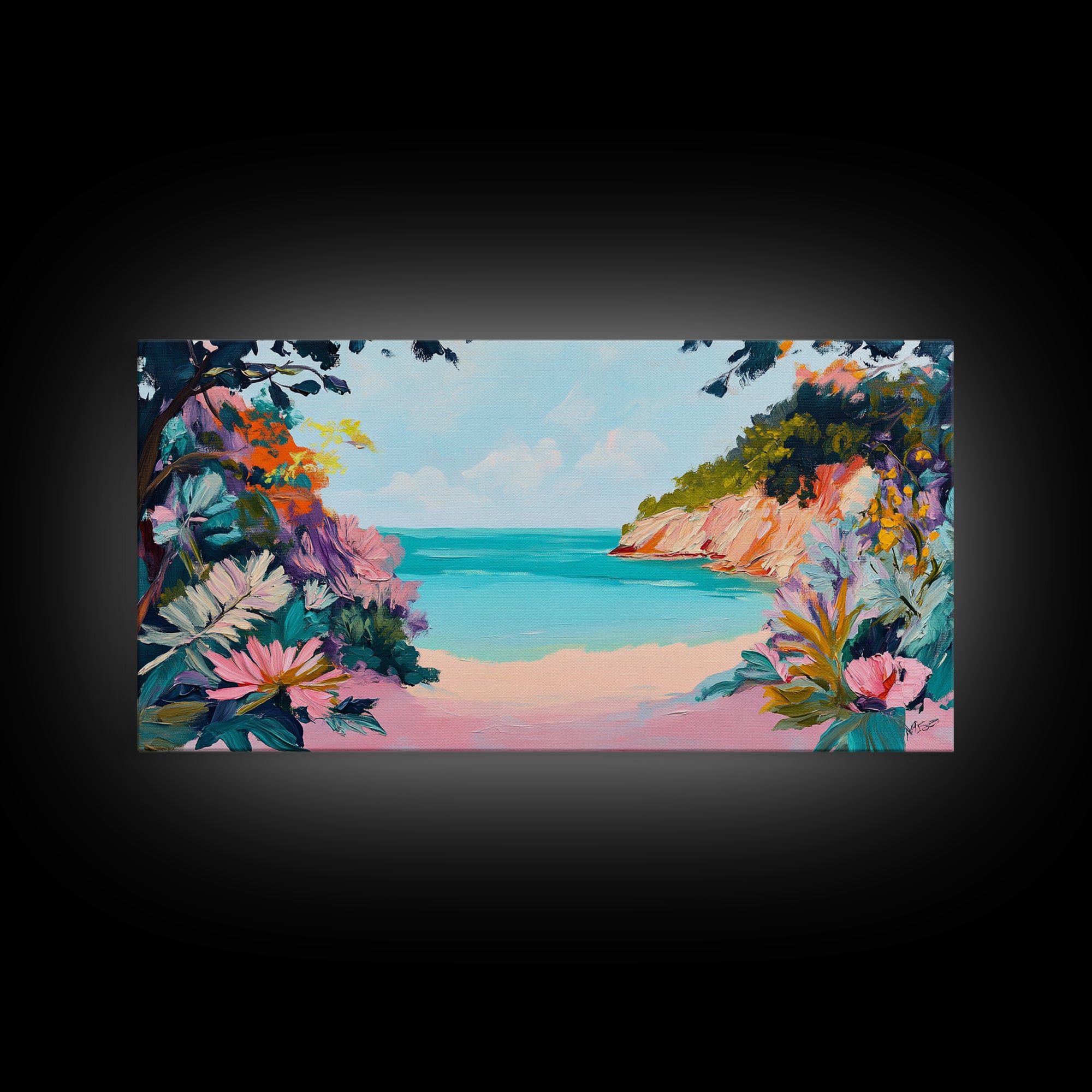 Tropical Beach, coastal wall art, Hawaii art, pink orange wall art, extra wide art, panoramic painting, framed canvas print