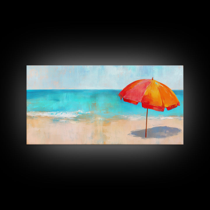 Beach Umbrella, Coastal Decor, Nautical Wall Art, Seascape Painting, Ocean Painting, Extra Wide Art, Framed Canvas Print, Beach House Art