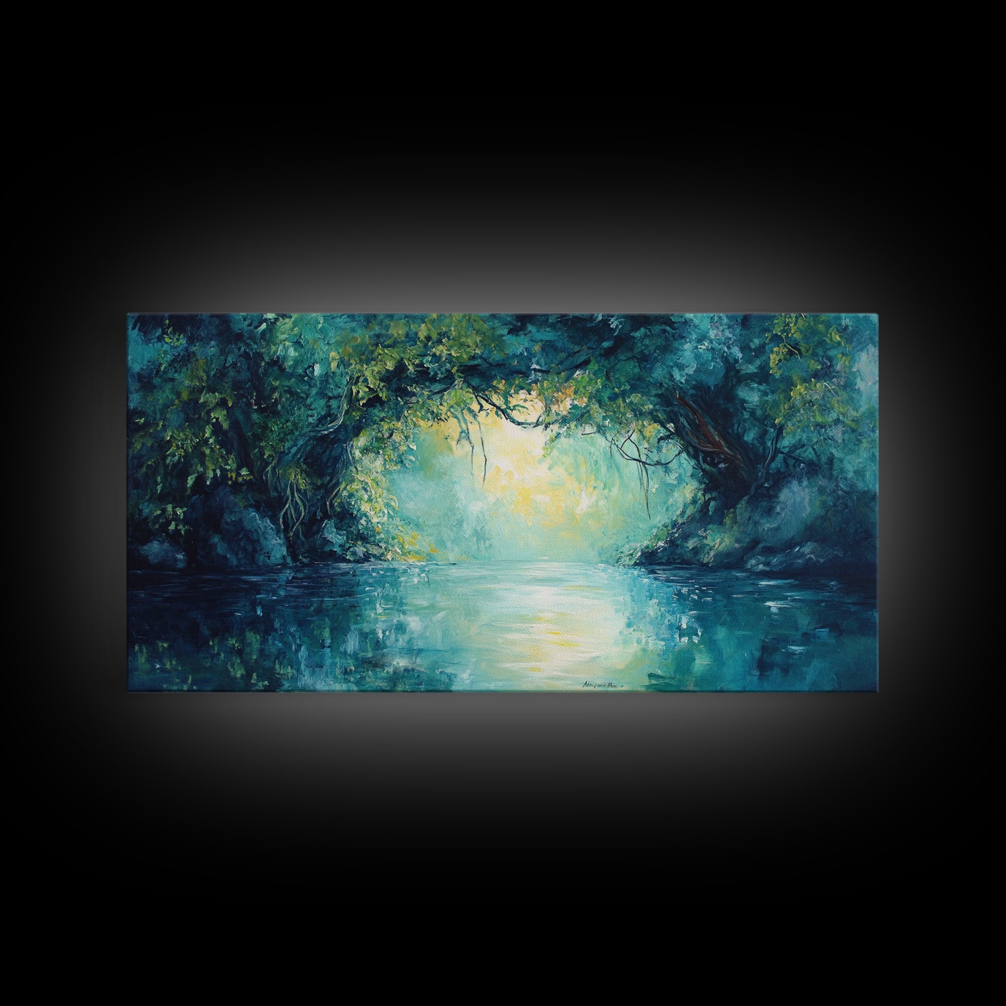 Mystical River, Framed Canvas Print, landscape painting, moody art, forest at dusk painting, teal wall art, extra wide art