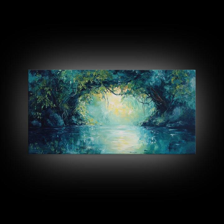Mystical River, Framed Canvas Print, landscape painting, moody art, forest at dusk painting, teal wall art, extra wide art