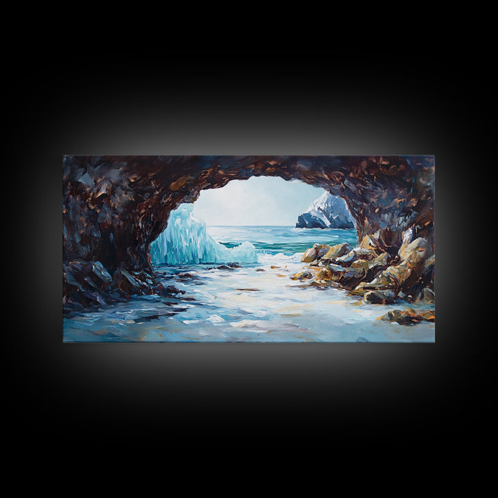 Coastal Ice Cave, Canvas Print, seascape painting, nautical decor, blue and green wall art, landscape painting, extra wide art