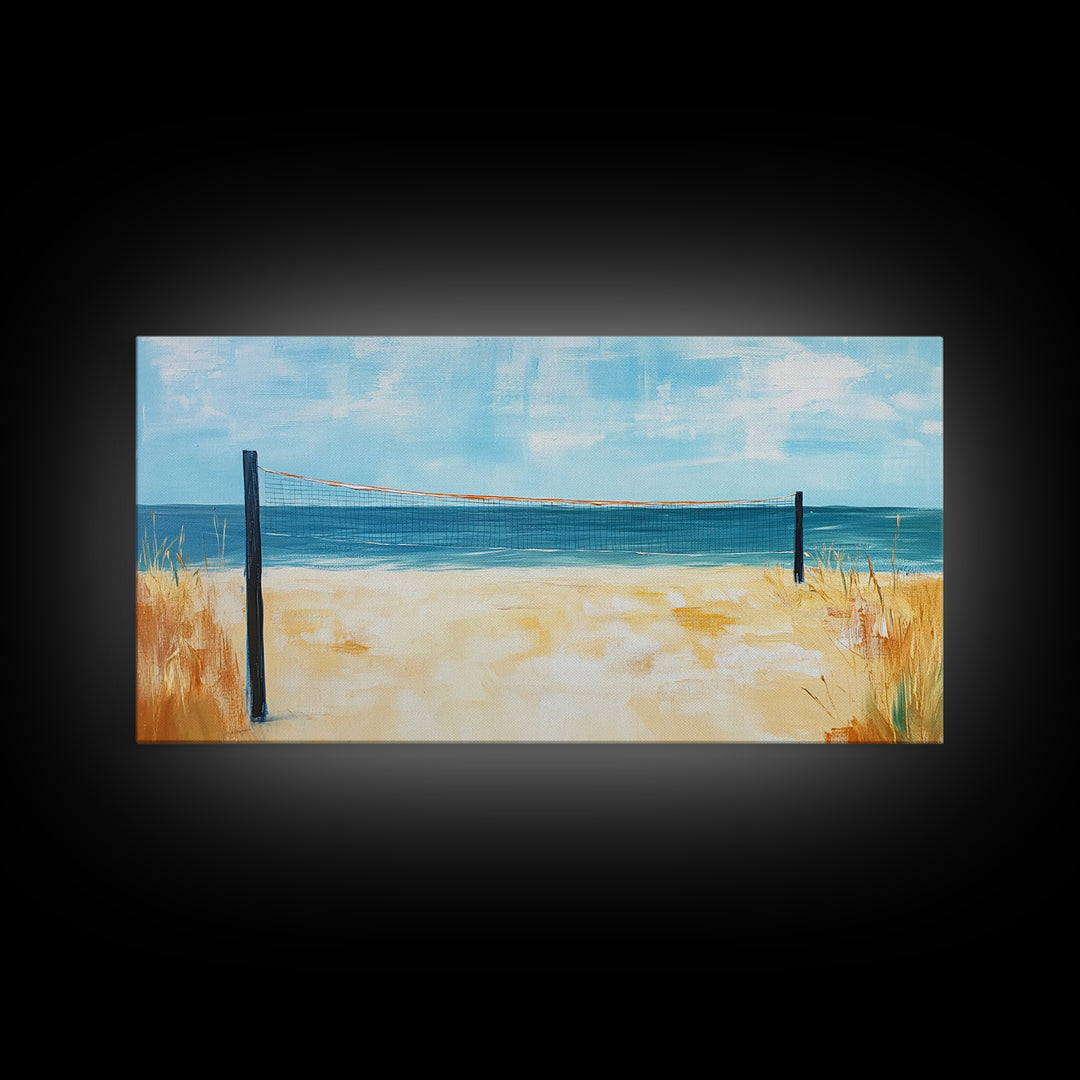 Beach Volleyball, Coastal Wall Art, Nautical Decor, Seascape Painting, Ocean Painting, Framed Canvas Print, Extra Wide Art, Boho Art