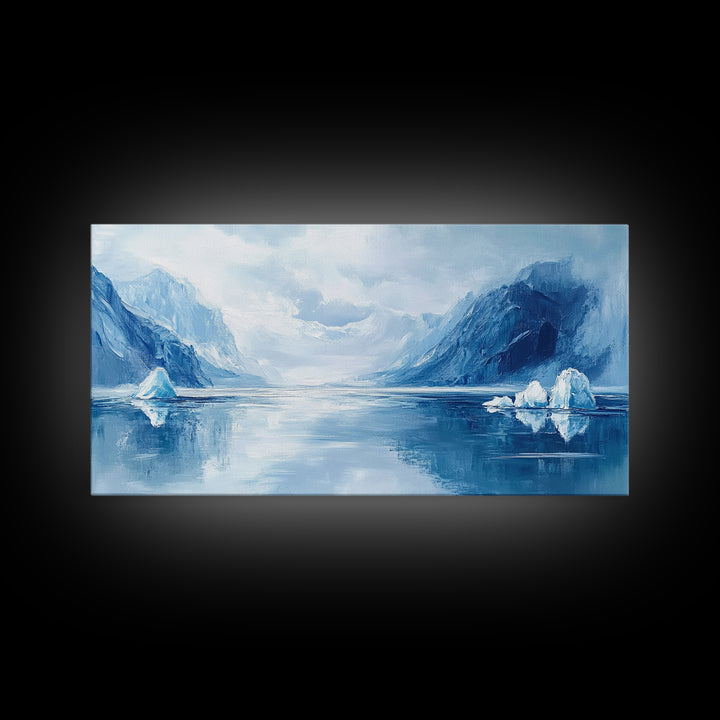 Arctic Reflections, Canvas Print, landscape painting, nautical painting, blue and green wall art, extra wide art, minimalist art