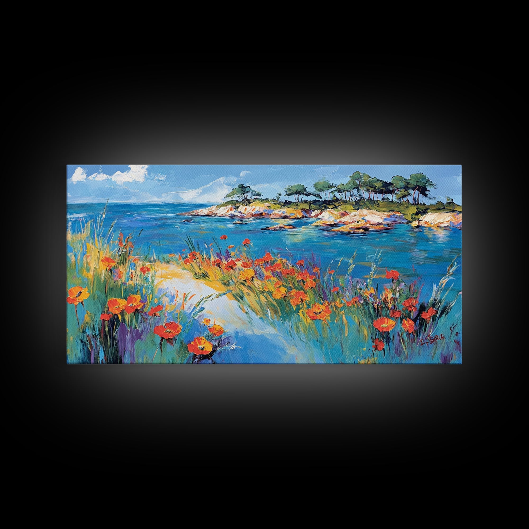 Coastal Poppies, Framed Canvas Print, California poppy art, coastal painting, wildflower painting, seascape art, above bed wall art