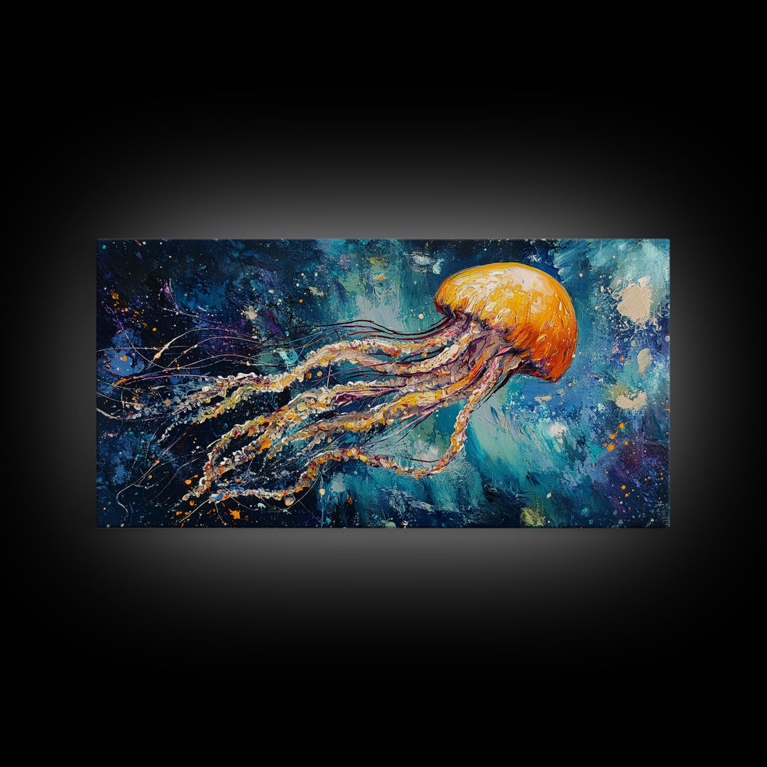 Cosmic Jellyfish, Canvas Print, ocean art, octopus art, dolphin painting, extra wide art, dark romance painting, coastal wall art