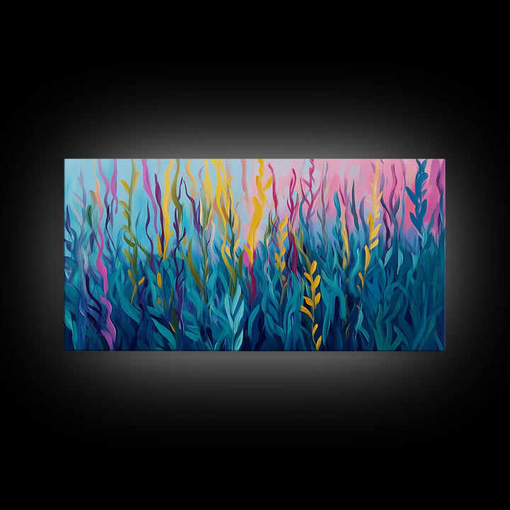 Abstract Seaweed, Framed Canvas Print, ocean art, botanical prints, teal wall art, pink abstract art, extra wide art, coastal decor