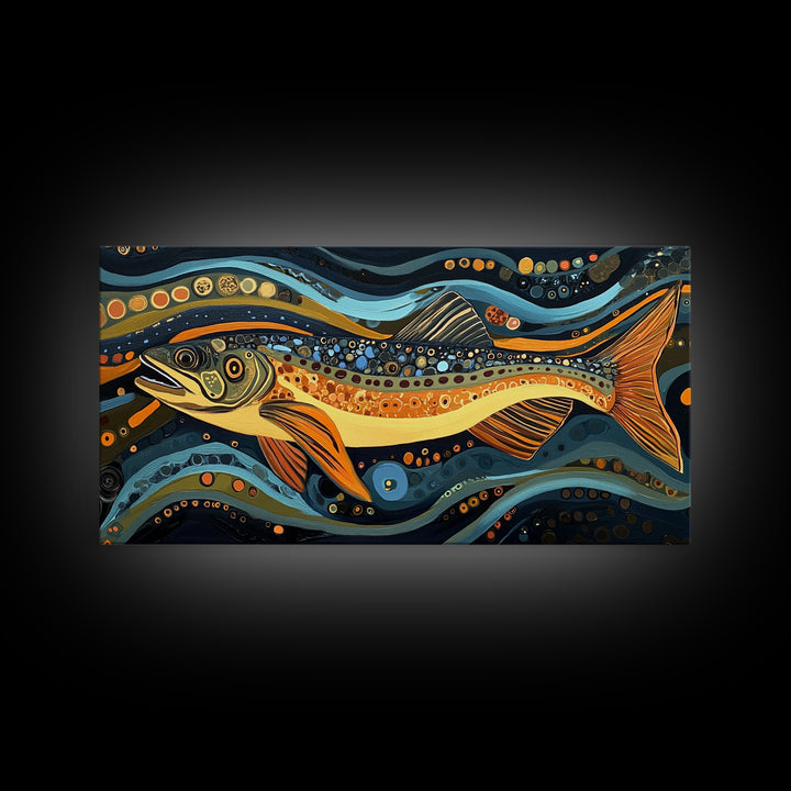 Abstract Trout Art, Fly Fishing Art, Rustic Wall Art, Whimsical Art, Framed Canvas Print, Tall Narrow Art, Living Room Art