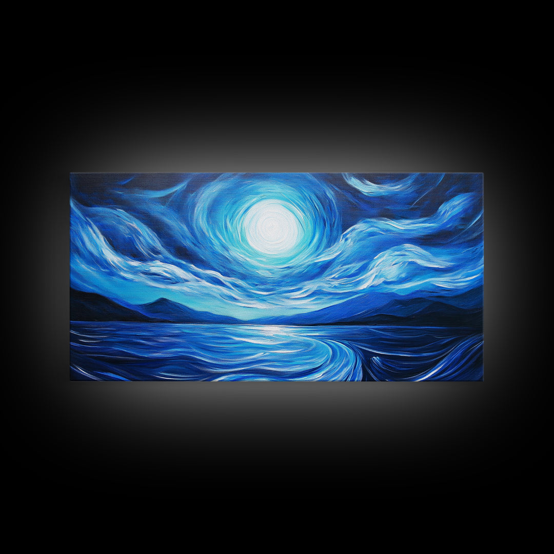 Blue Moon Painting, Moody Art, Nautical Wall Art, Coastal Painting, Framed Canvas Print, Above Couch Art, Extra Wide Art