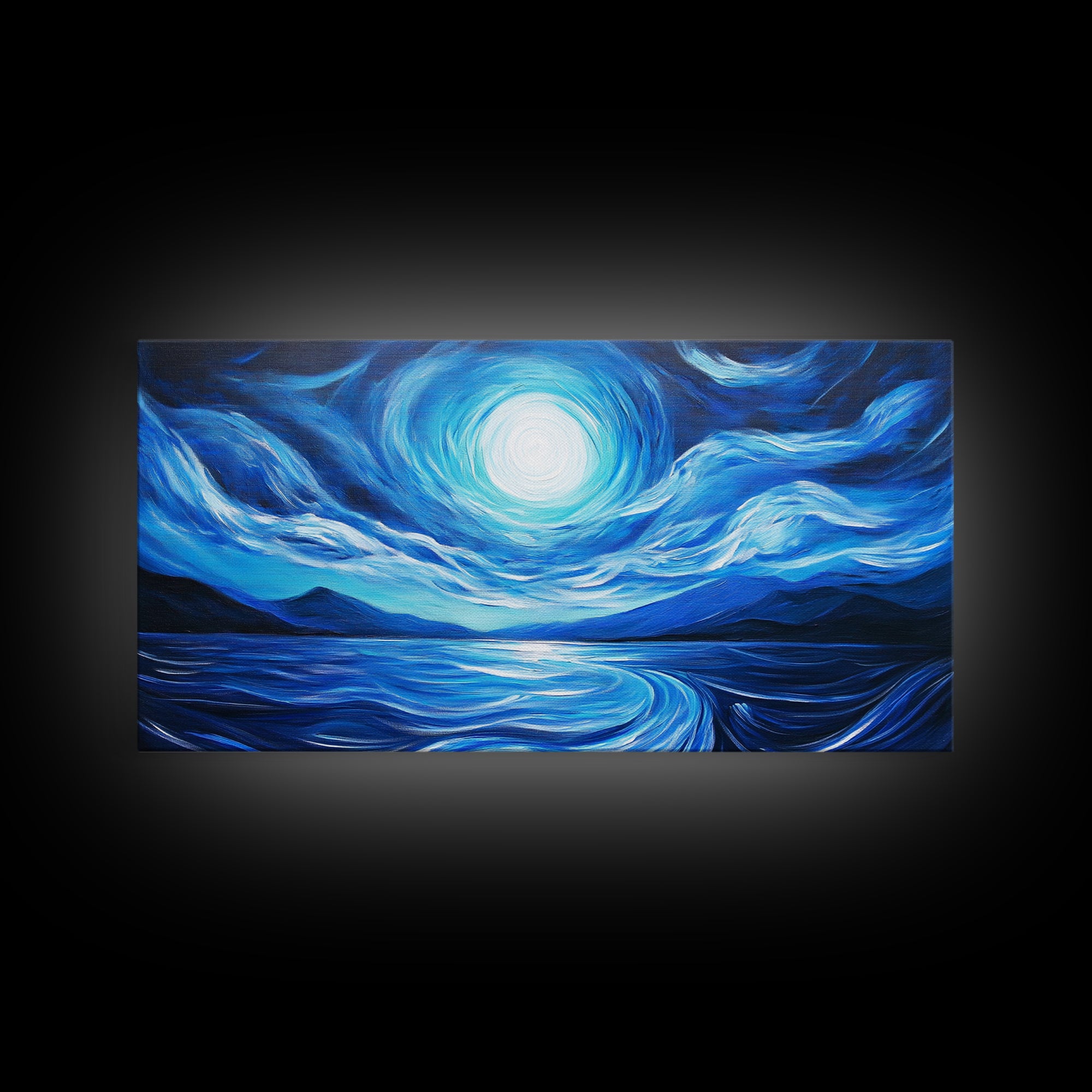 Blue Moon Painting, Moody Art, Nautical Wall Art, Coastal Painting, Framed Canvas Print, Above Couch Art, Extra Wide Art