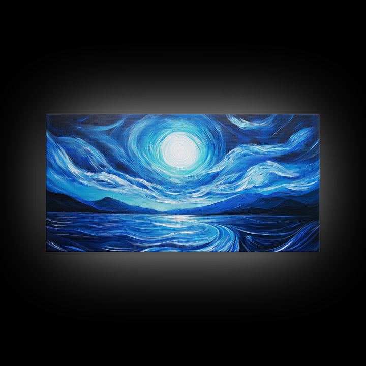 Blue Moon Painting, Moody Art, Nautical Wall Art, Coastal Painting, Framed Canvas Print, Above Couch Art, Extra Wide Art