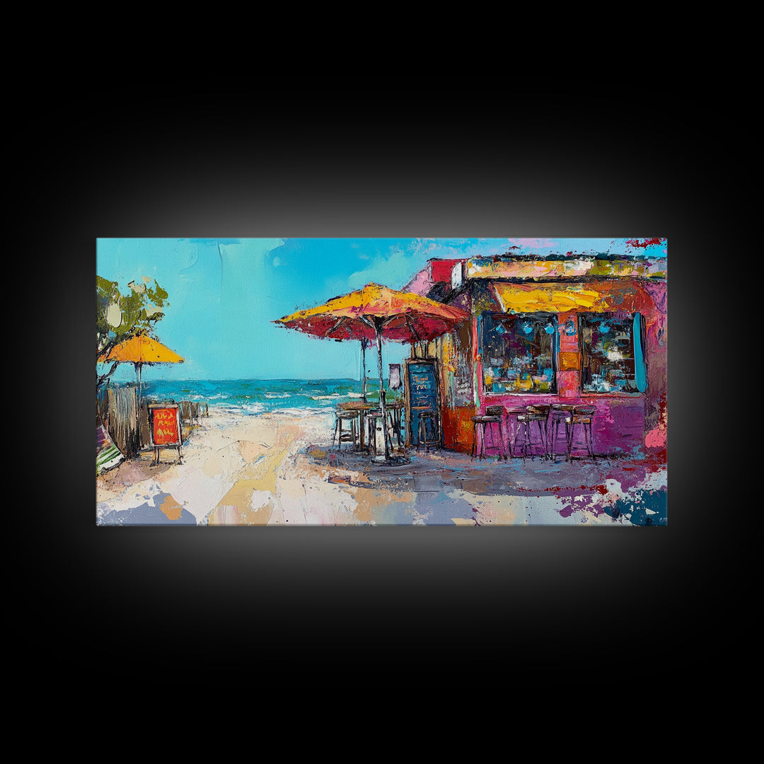 Beach Bar, Coastal Landscape Art, Tropical Art, Nautical Wall Art, Ocean Painting, Extra Wide Art, Framed Canvas Print, Rustic Wall Art