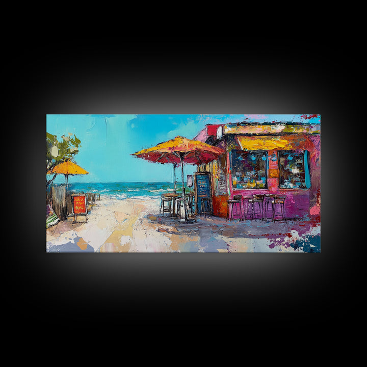 Beach Bar, Coastal Landscape Art, Tropical Art, Nautical Wall Art, Ocean Painting, Extra Wide Art, Framed Canvas Print, Rustic Wall Art