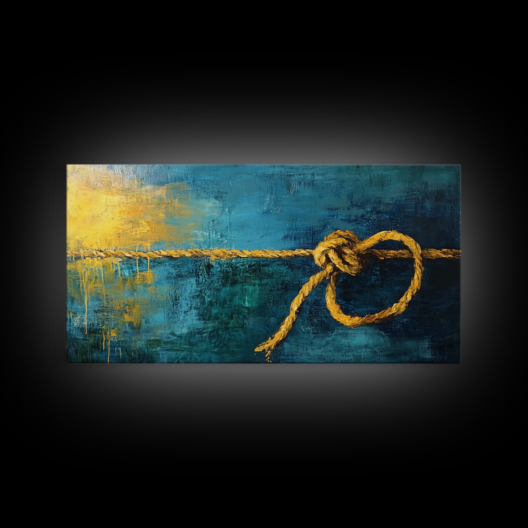 Nautical Knot, coastal wall art, rustic decor, blue and green wall art, ocean painting, framed canvas print, extra wide art