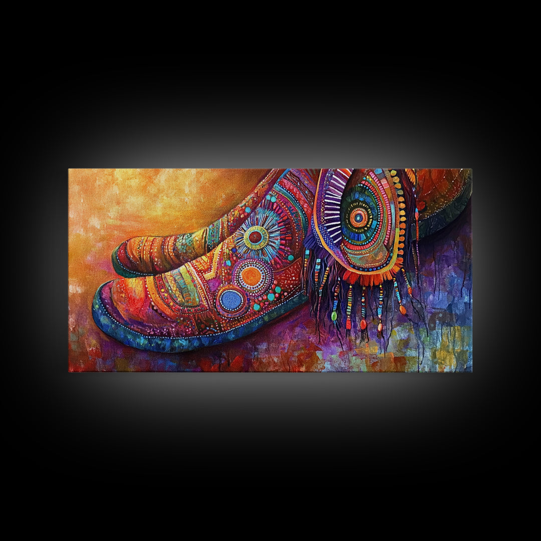 Bohemian Shoes, Moroccan Wall Art, Boho Art, Chinoiserie Wall Art, Extra Wide Art, Framed Canvas Print, Whimsical Art, Rustic Decor