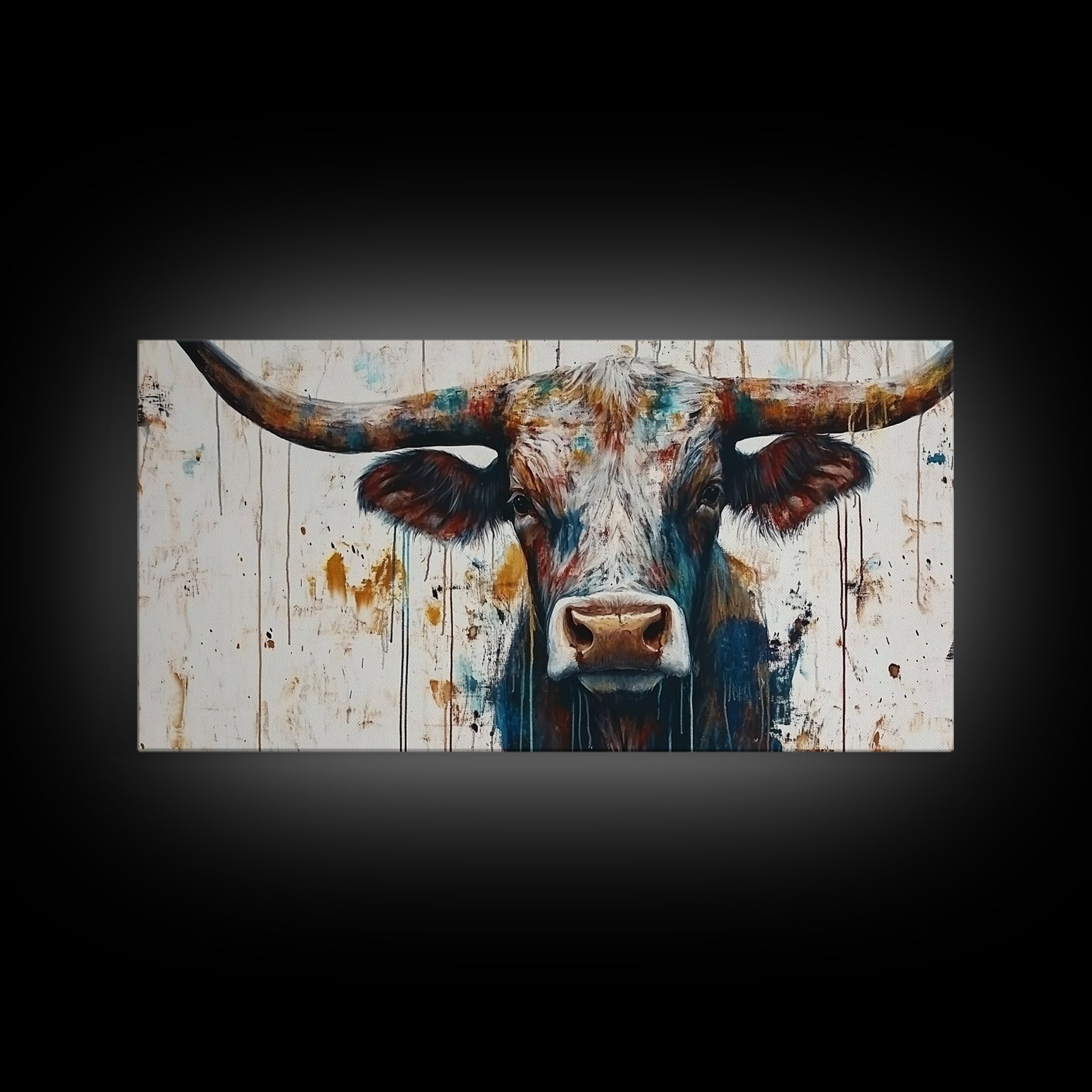 Bull Portrait, rustic decor, farmhouse art, bull and bear art, southwestern wall art, moody art, canvas print, extra wide art