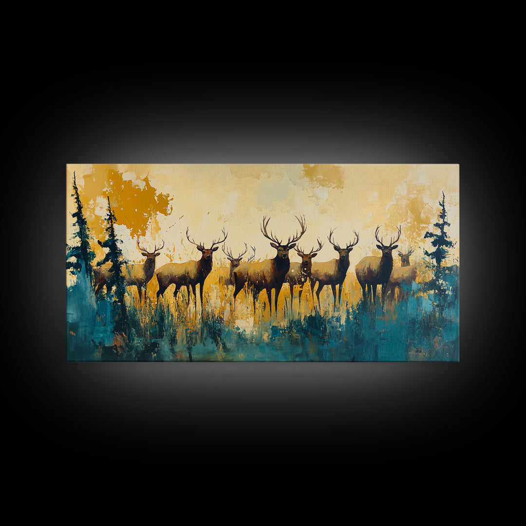 Deer Herd Painting, rustic wall art, farmhouse art, wildlife painting, nature painting, framed canvas print, woodland decor