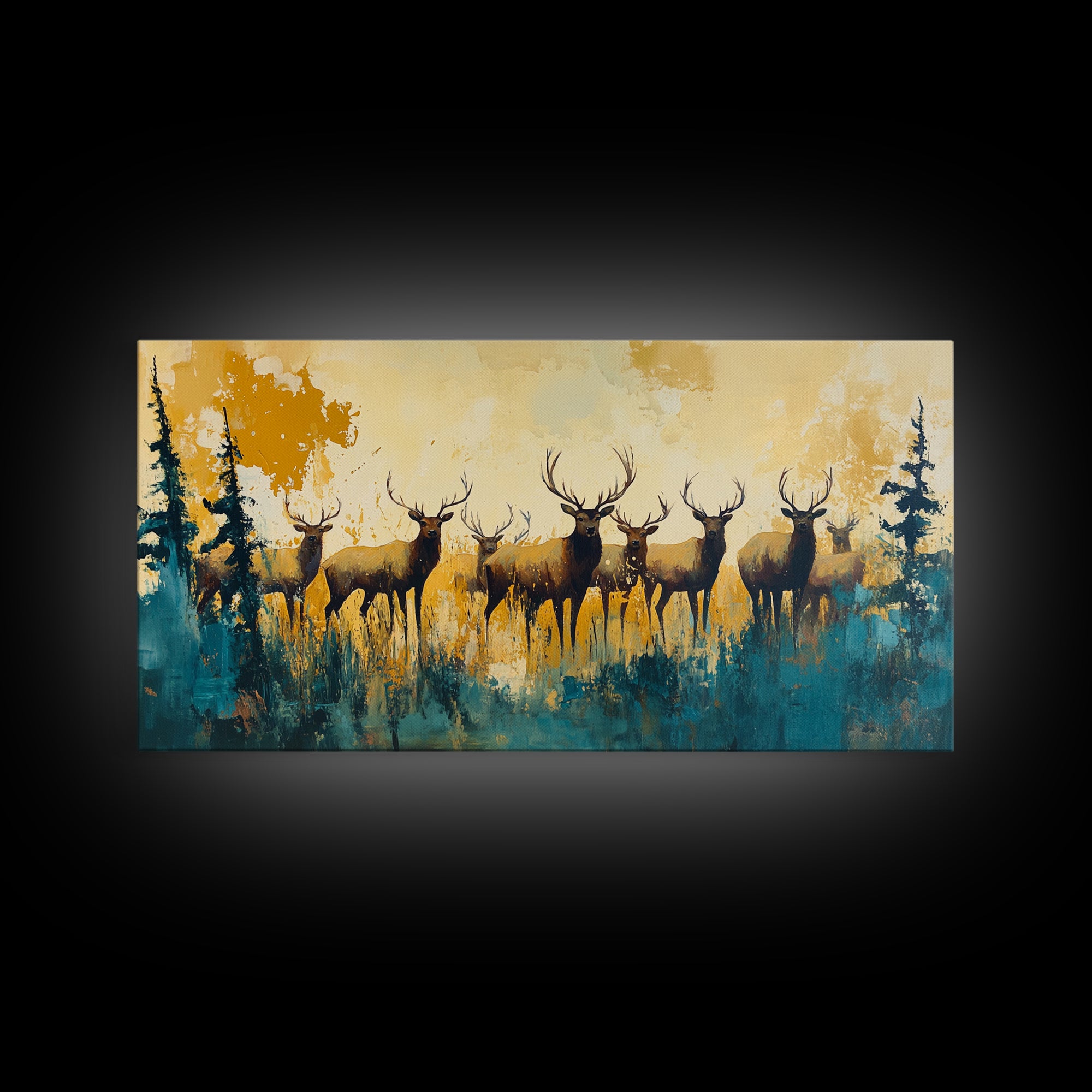 Deer Herd Painting, rustic wall art, farmhouse art, wildlife painting, nature painting, framed canvas print, woodland decor