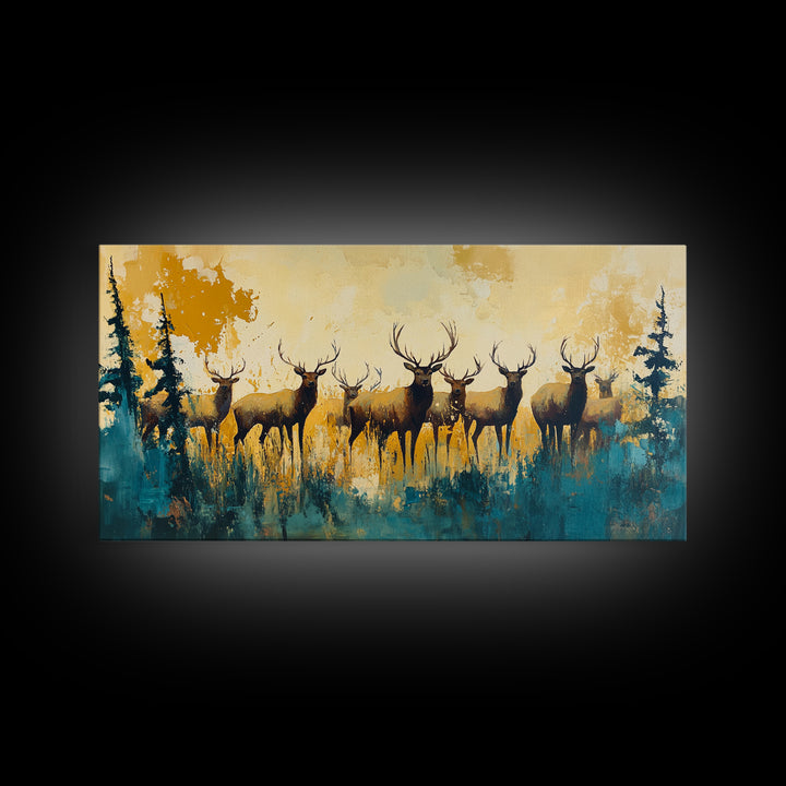 Deer Herd Painting, rustic wall art, farmhouse art, wildlife painting, nature painting, framed canvas print, woodland decor