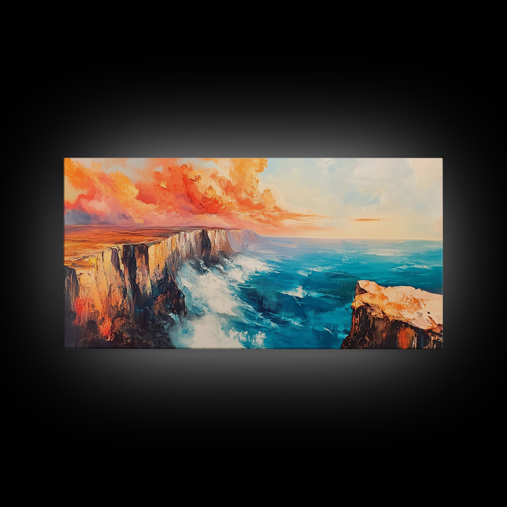 Coastal Cliffs Painting, landscape painting, seascape painting, blue and green wall art, framed canvas print, nautical wall art