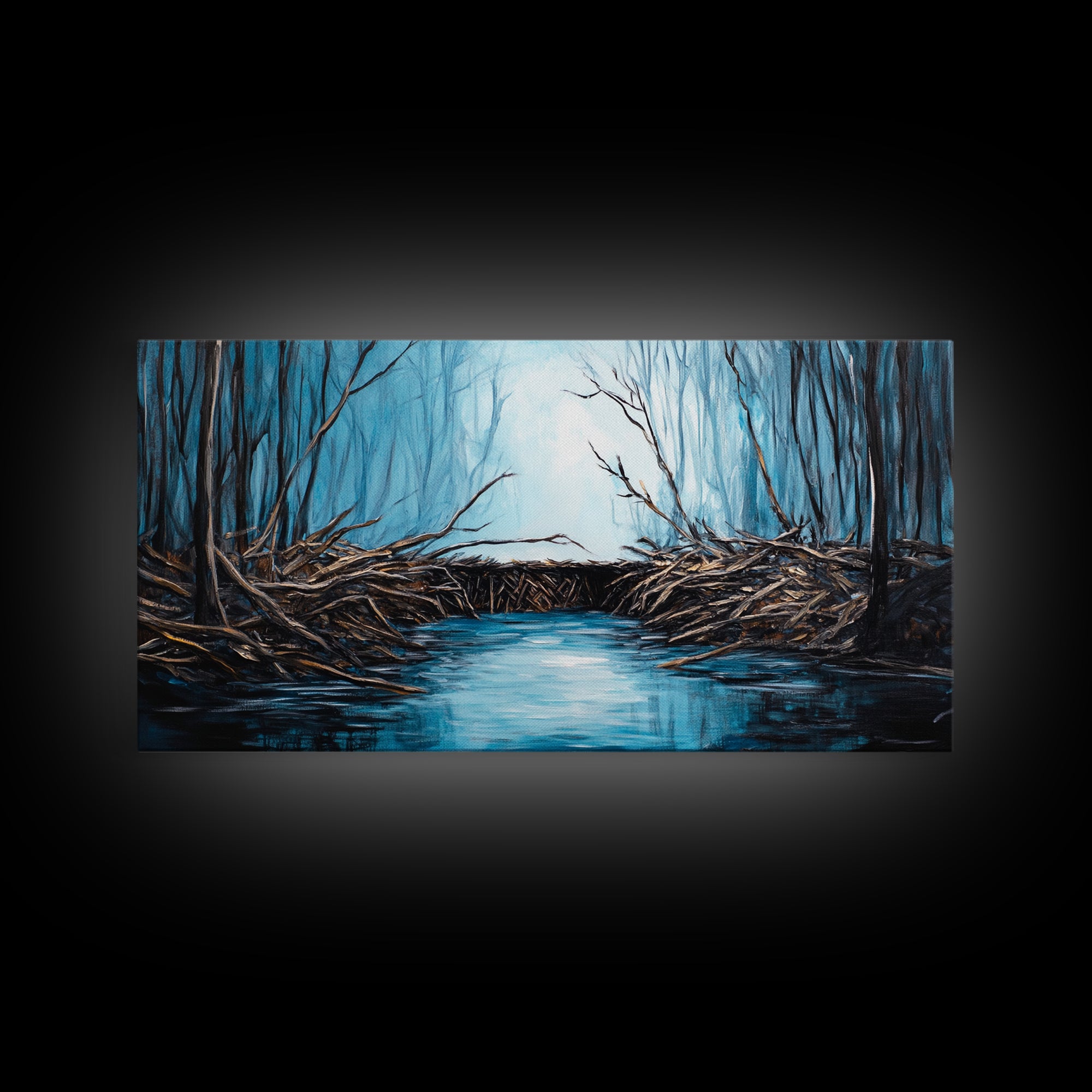 Beavers, river, landscape painting, extra wide art, panoramic painting, moody art, framed canvas print, rustic wall art, bedroom art