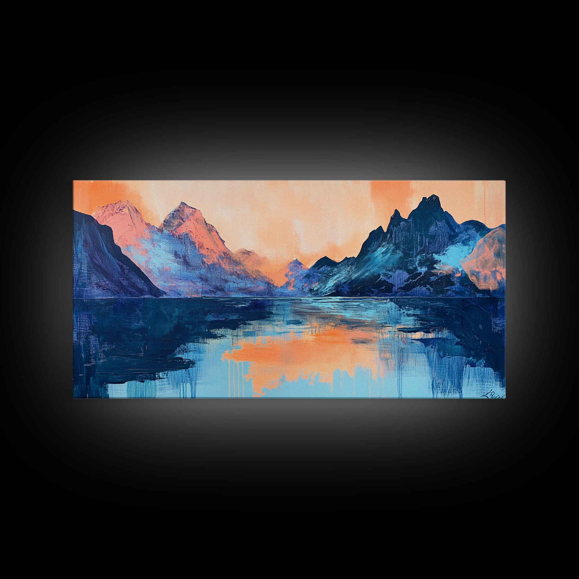 Twilight Peaks, pink orange wall art, framed canvas print, panoramic painting, above sofa art, extra wide art, landscape painting