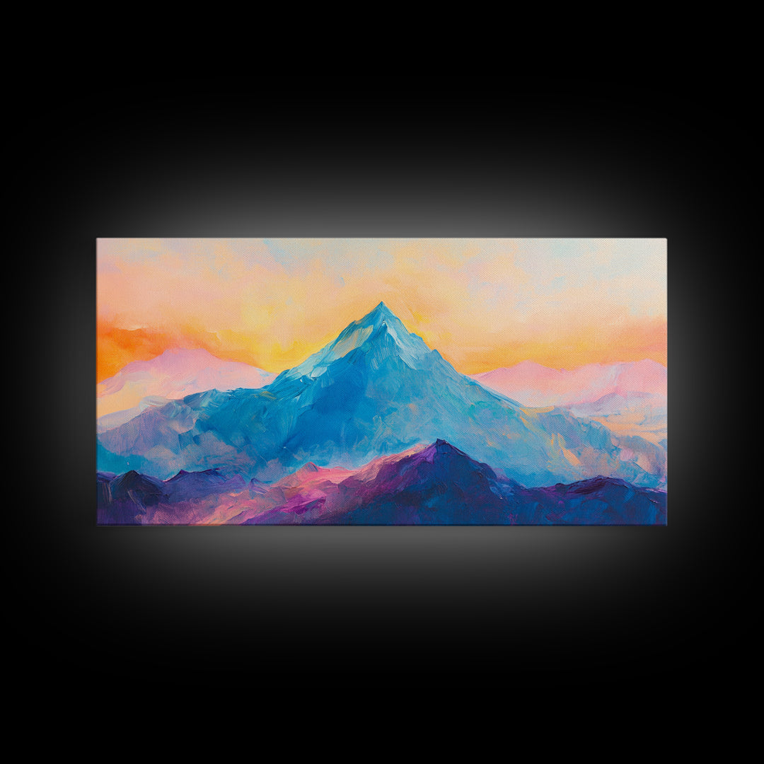 Blue Mountain, Sunset Landscape, Panoramic Art, Canvas Print, Mountain Painting, Pink Orange Wall Art, Extra Wide Art, Living Room Art