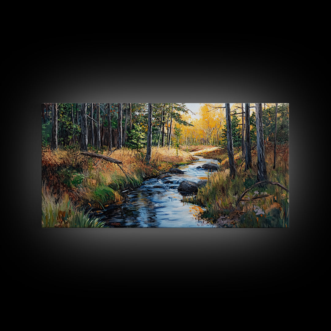 Autumn Forest, Creek Painting, Panoramic Art, Framed Canvas Print, Pine Tree Art, Rustic Wall Art, Extra Wide Art, Fall Landscape Painting