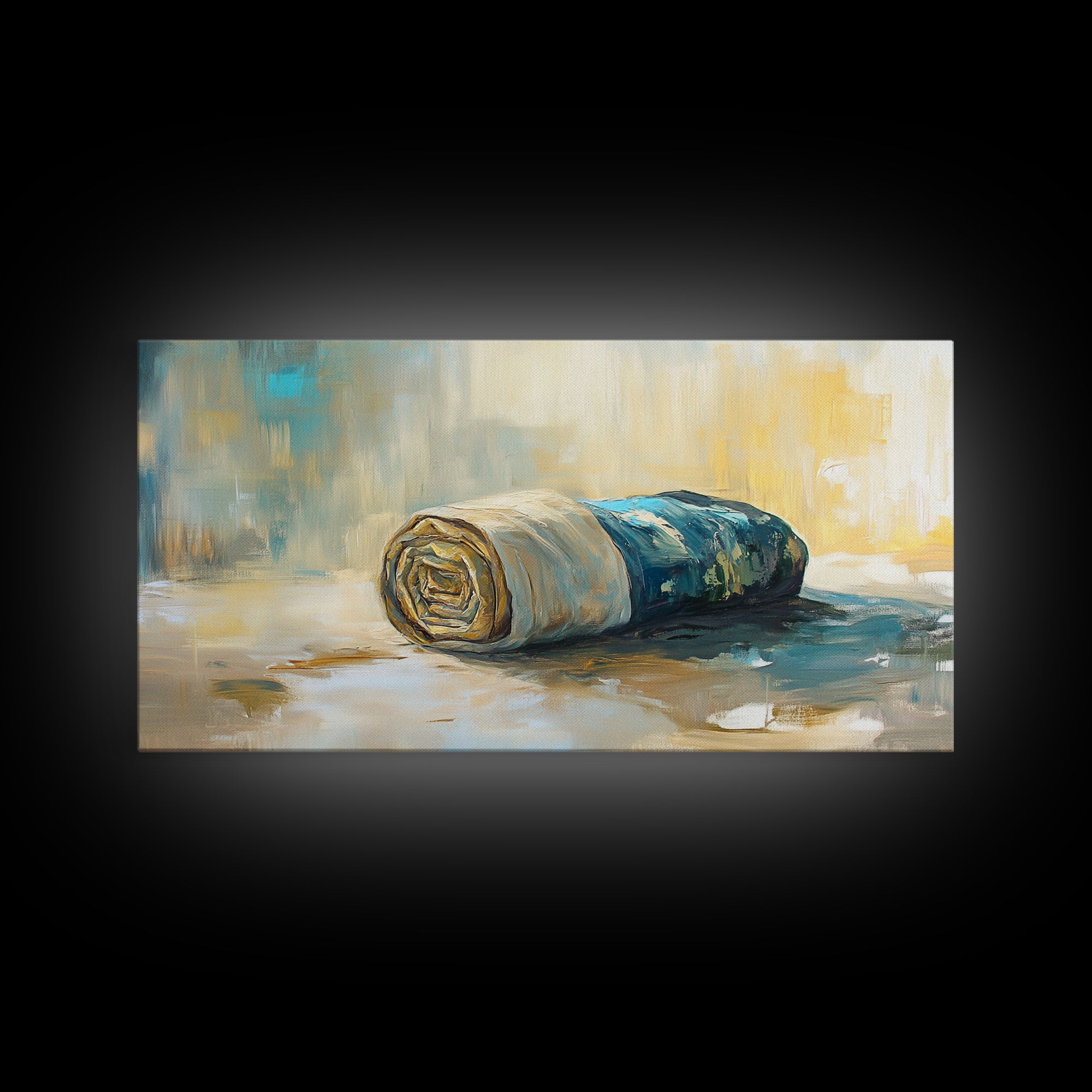 Rolled fabric, oil painting from photo, rustic decor, farmhouse art, wabi sabi art, framed canvas print, horizontal wall art, gift idea