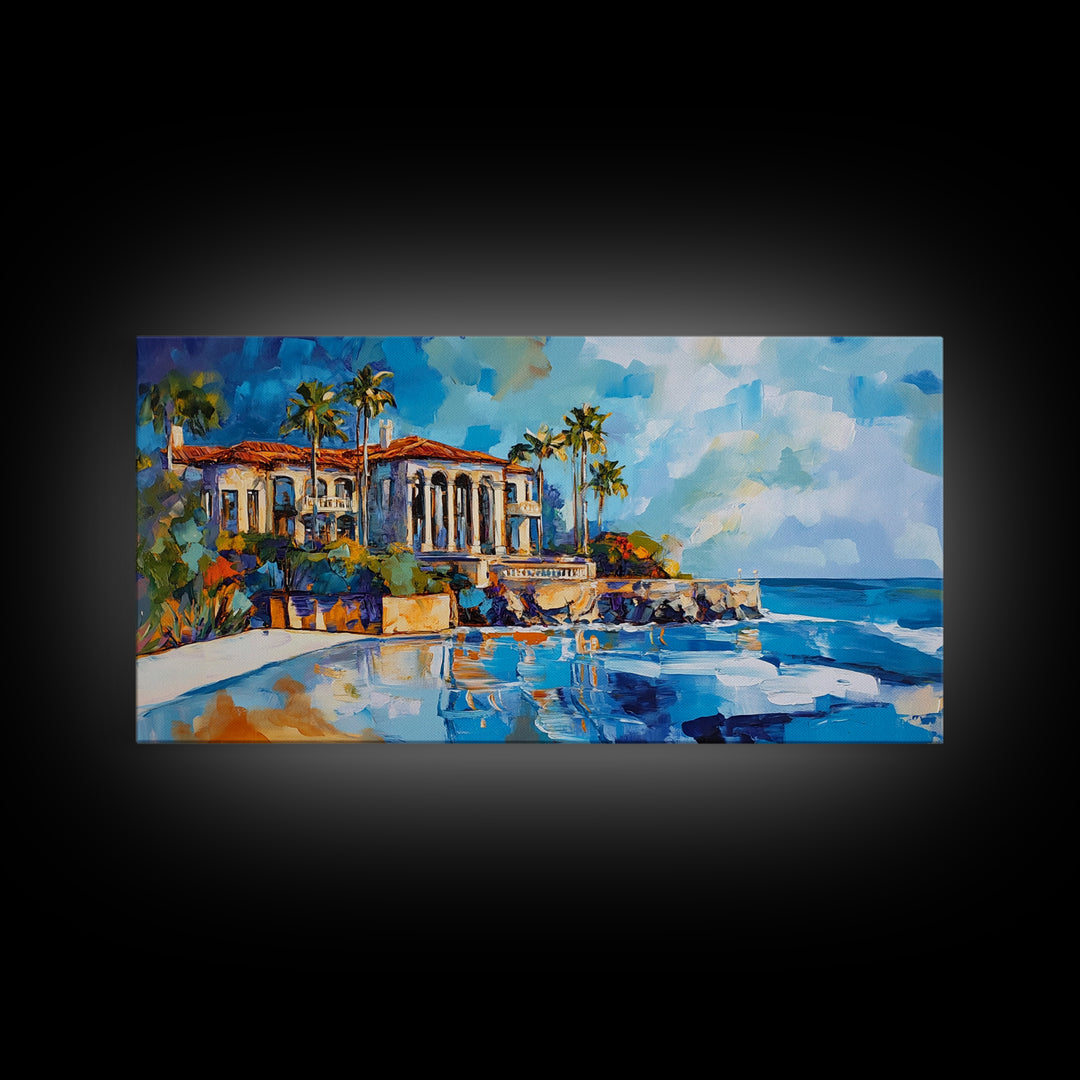 Coastal Mansion, Palm Trees, Panoramic Art, Framed Canvas Print, Coastal Landscape Art, Tropical Decor, Extra Wide Art, Living Room Art
