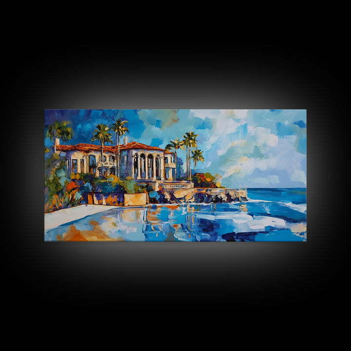 Coastal Mansion, Palm Trees, Panoramic Art, Framed Canvas Print, Coastal Landscape Art, Tropical Decor, Extra Wide Art, Living Room Art
