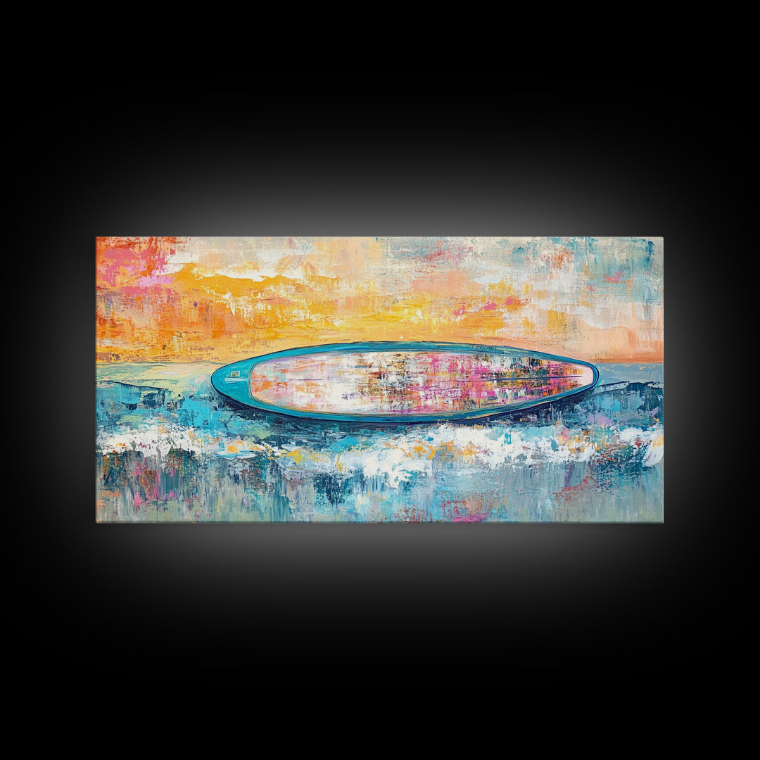 Coastal wall art, surf wall art, framed canvas print, extra wide art, nautical decor, vibrant painting, panoramic art, tropical art