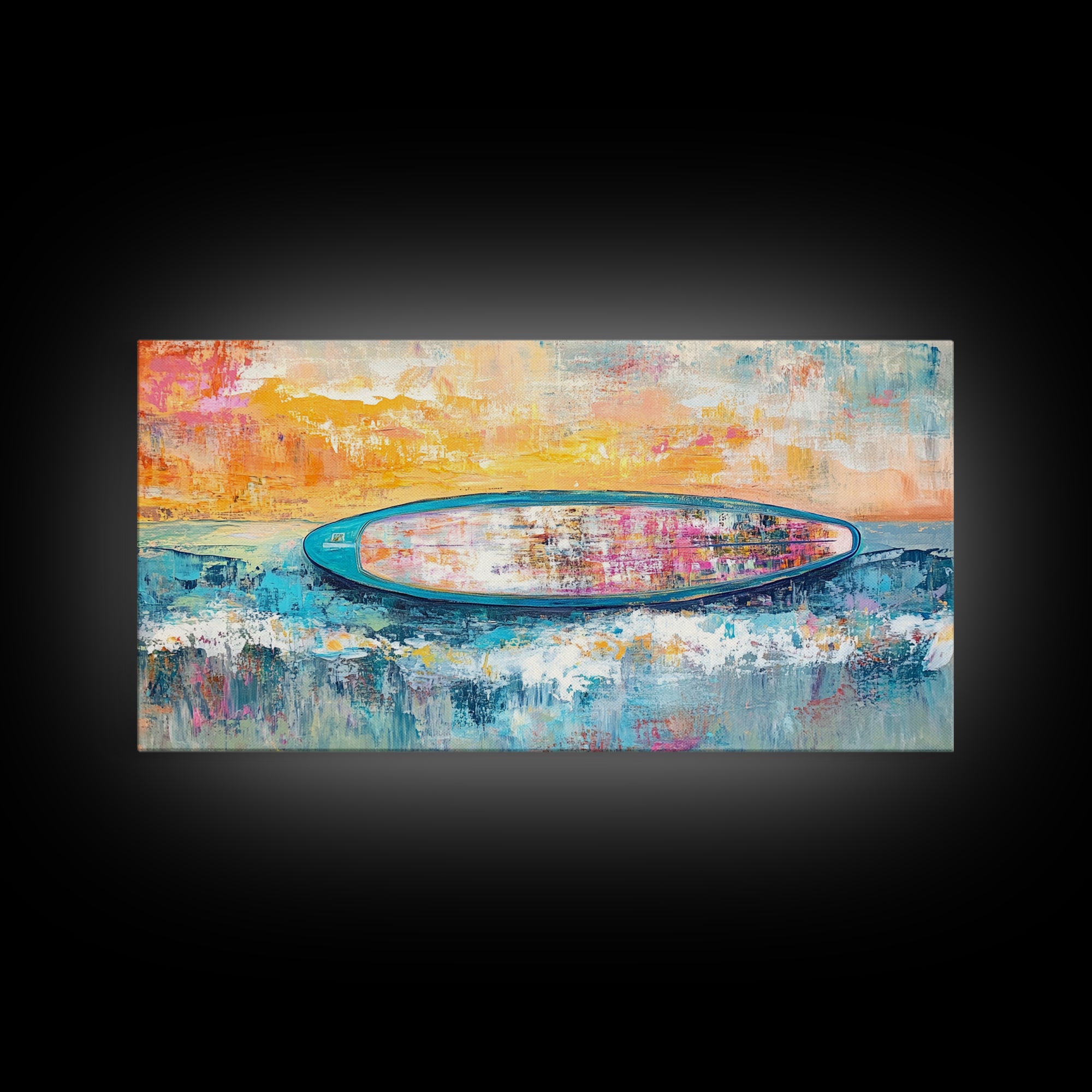 Coastal wall art, surf wall art, framed canvas print, extra wide art, nautical decor, vibrant painting, panoramic art, tropical art