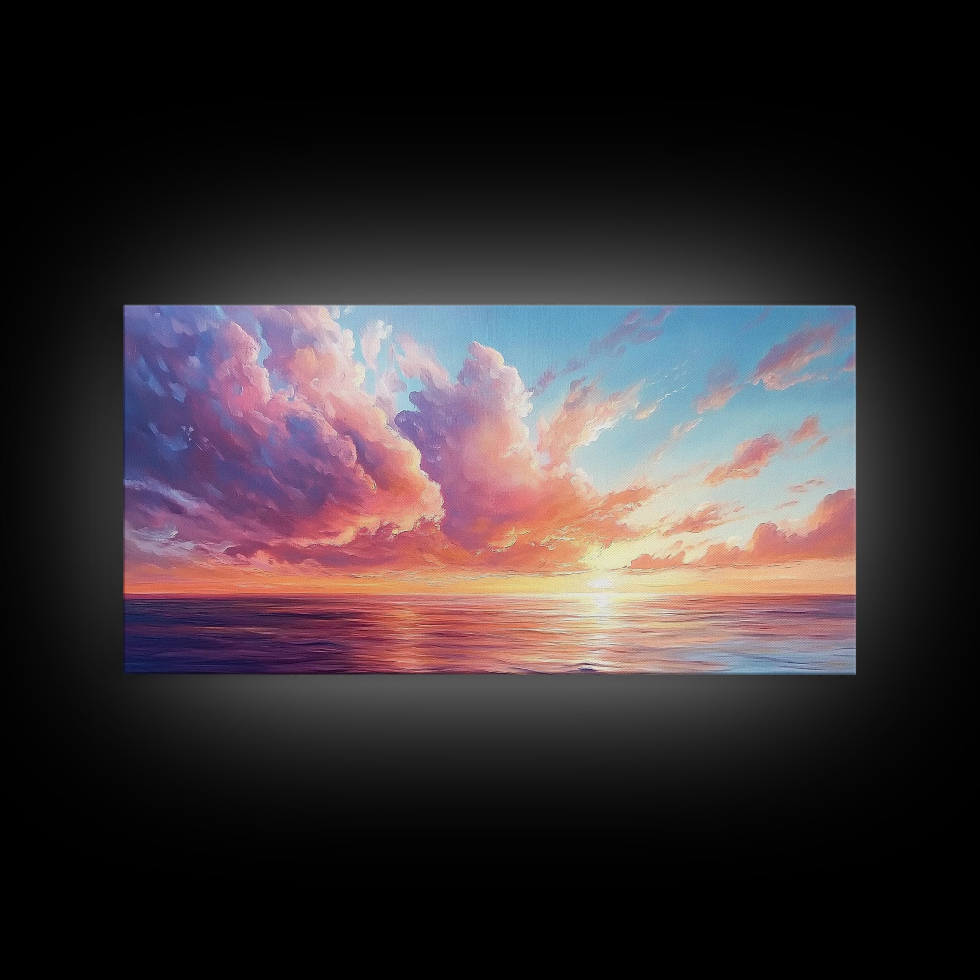 Seascape painting, framed canvas print, extra wide art, sunset painting, panoramic wall art, ocean waves, nautical wall art