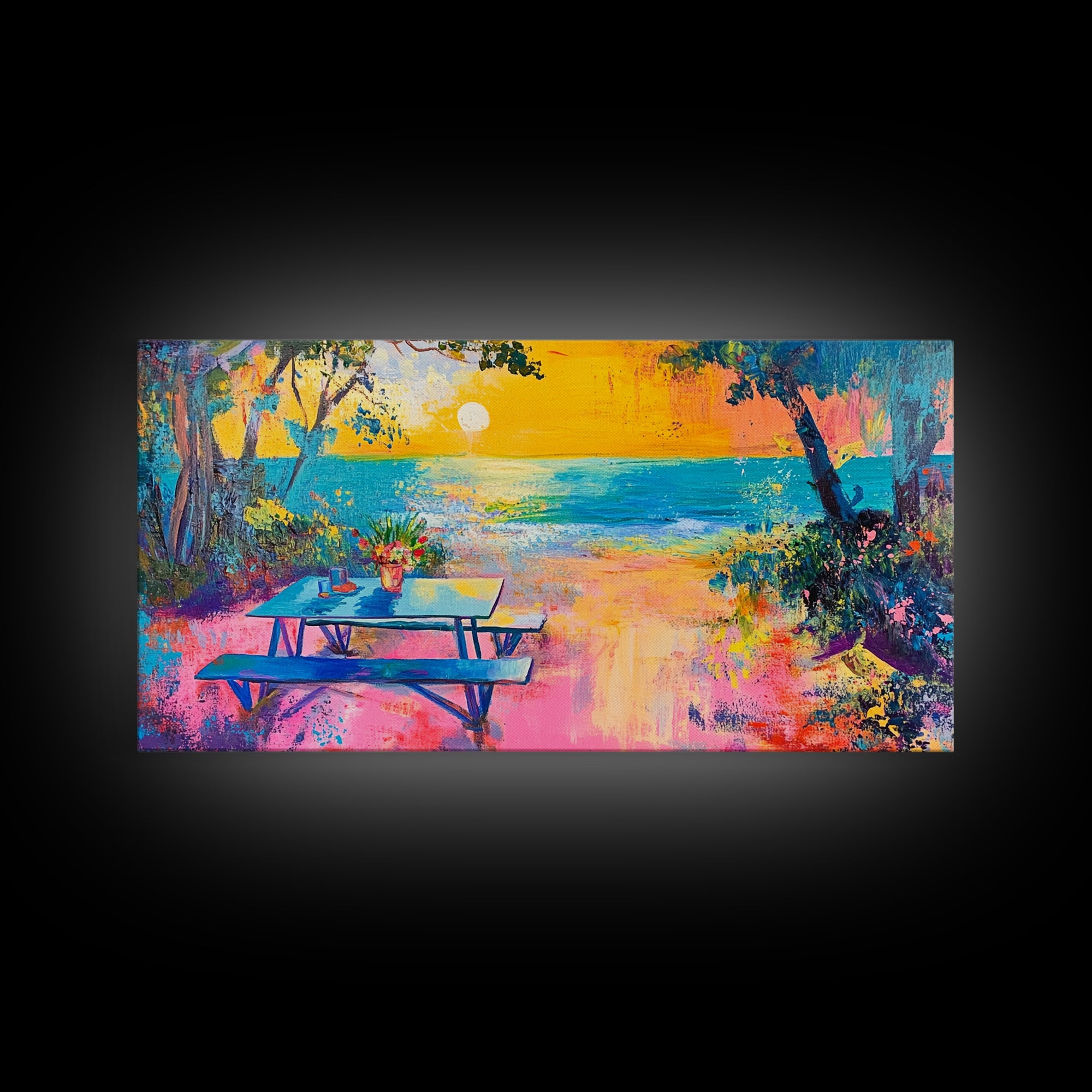 Coastal landscape art, framed canvas print, extra wide art, vibrant sunset painting, tropical beach decor, ocean waves, panoramic art