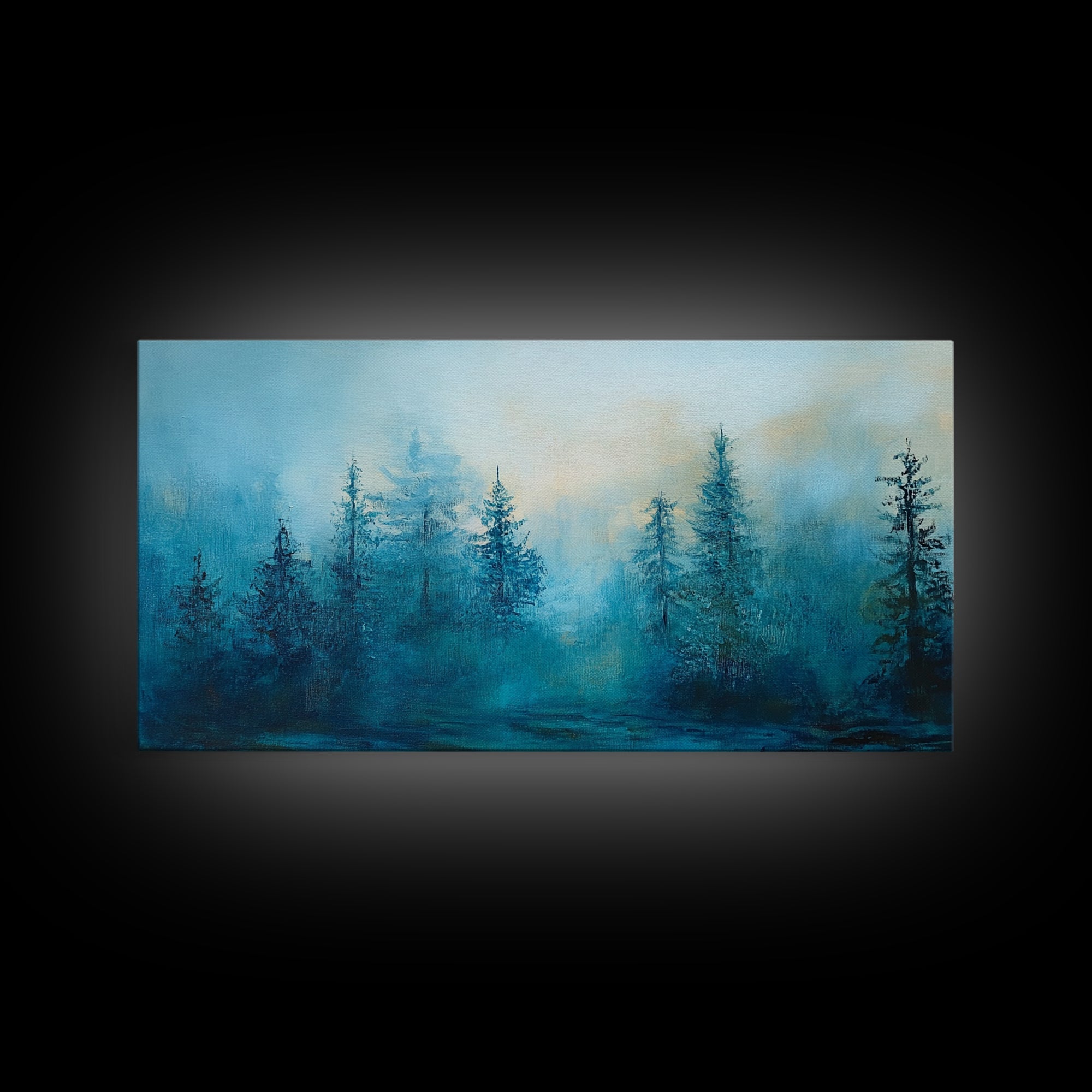 Pine tree art, smoky mountain art, framed canvas print, misty forest painting, rustic wall art, extra wide art, moody landscape