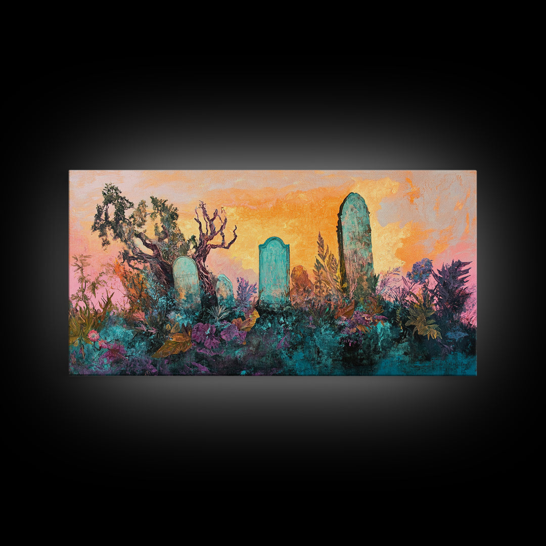 Dark romance painting, gothic art, framed canvas print, extra wide art, Halloween decor, whimsical art, spooky graveyard painting