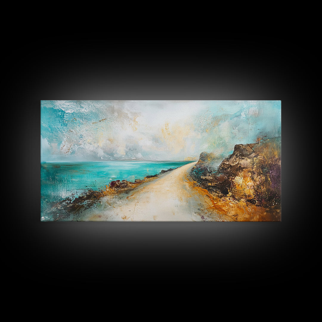 Coastal decor, framed canvas print, extra wide art, nautical wall art, beach road painting, rustic landscape, panoramic art