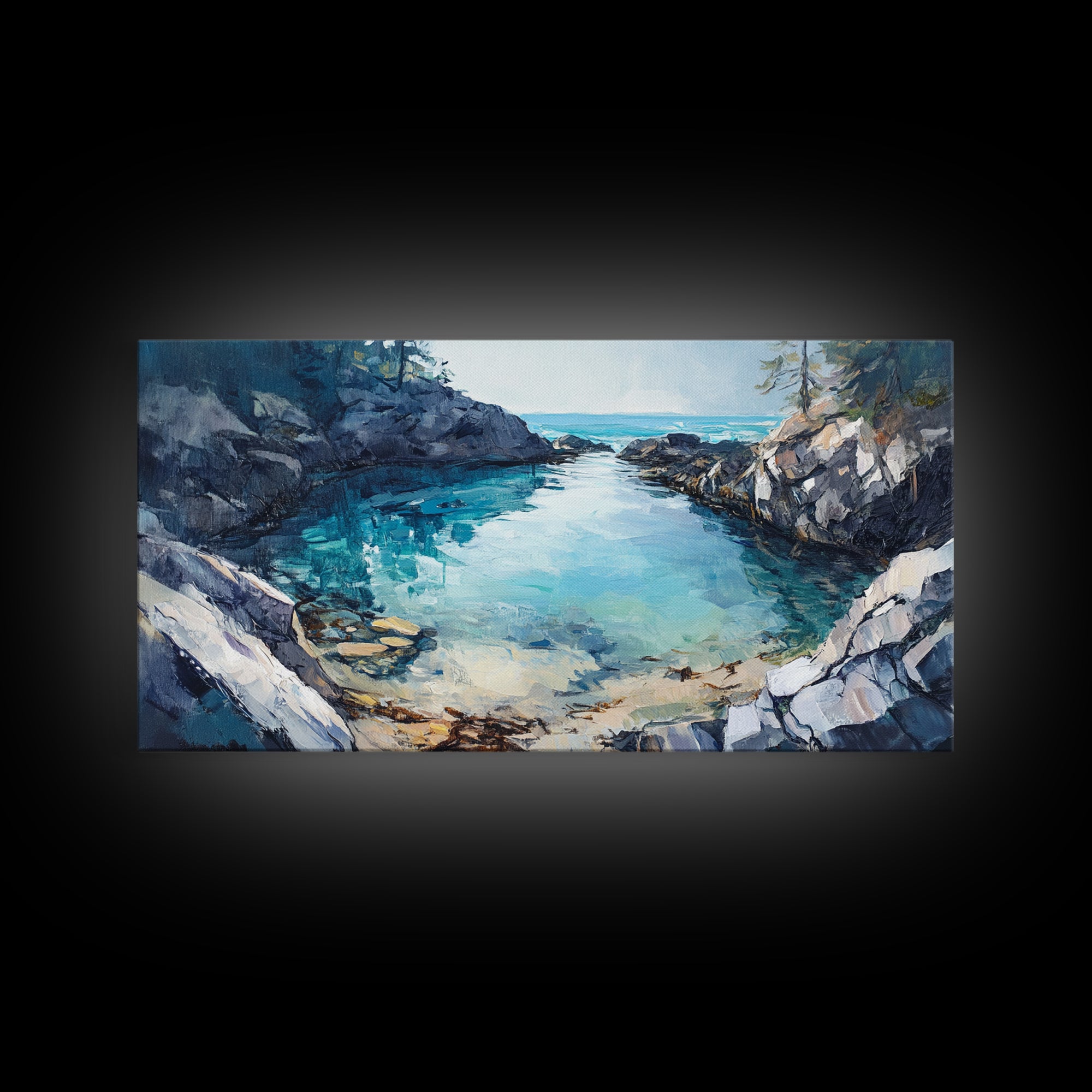 Rocky Coastal Cove, Maine oil painting, nautical decor, seascape painting, extra wide art, above bed wall art, Canvas Print