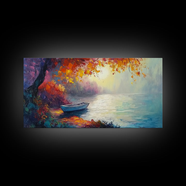 Autumn Lake Scene, landscape painting, fall wall art, framed canvas print, rustic decor, above sofa art, moody art, extra wide art