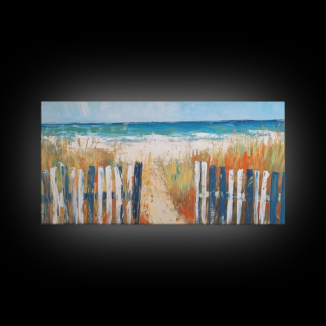 Beach Fence, coastal painting, framed canvas print, nautical decor, seascape painting, blue and green wall art, extra wide art