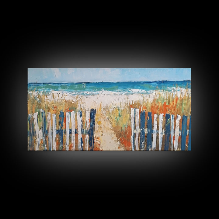 Beach Fence, coastal painting, framed canvas print, nautical decor, seascape painting, blue and green wall art, extra wide art