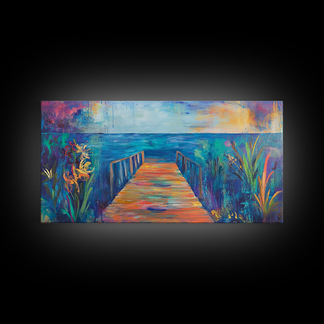 Dock, ocean sunset, coastal painting, coastal landscape art, nautical decor, seascape painting, framed canvas print, above bed wall art