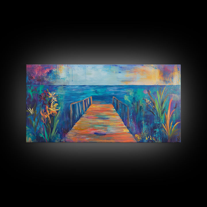 Dock, ocean sunset, coastal painting, coastal landscape art, nautical decor, seascape painting, framed canvas print, above bed wall art